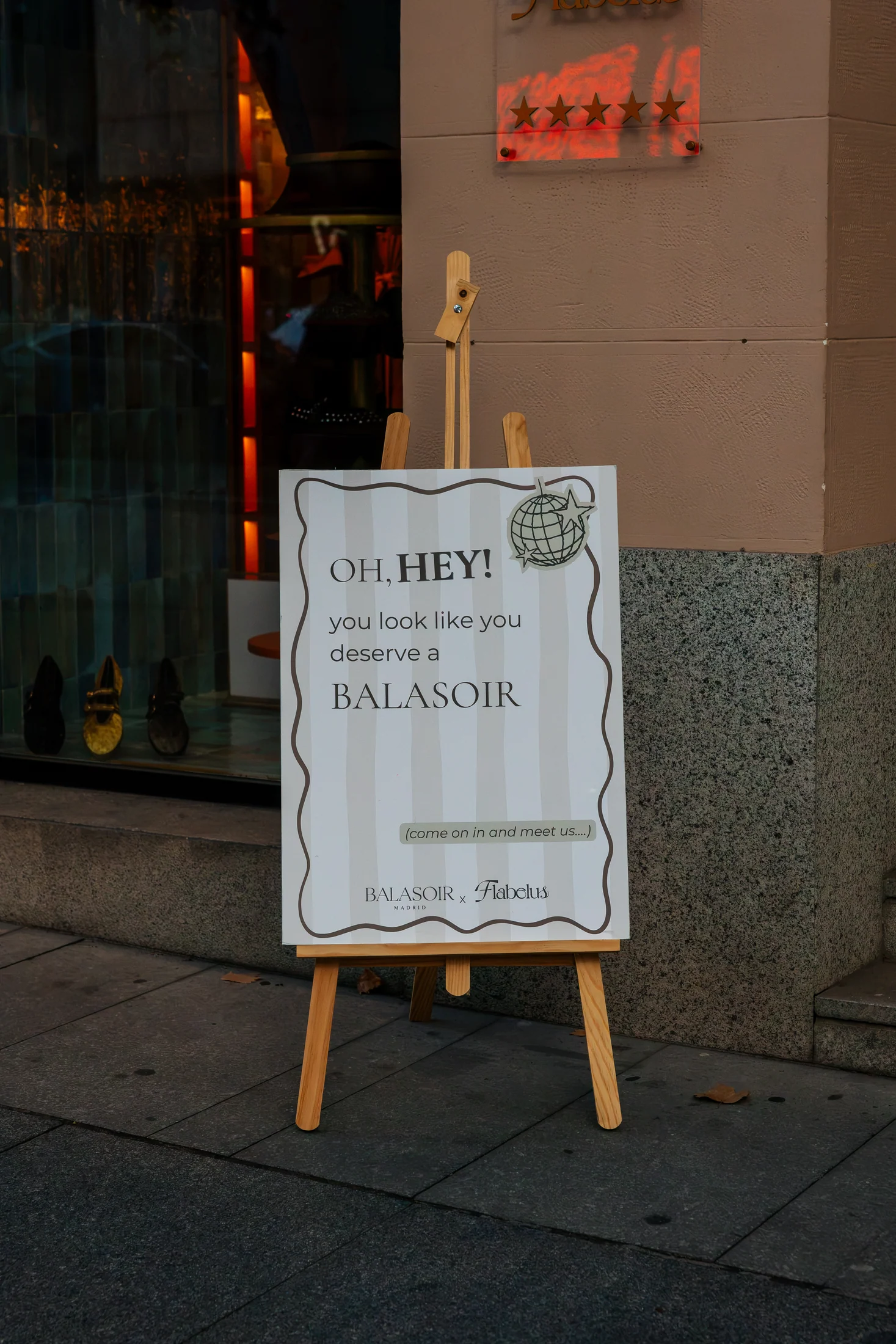 Balasoir × Flabelus collaboration sign outside the shop, photographed by Ludovic Delot