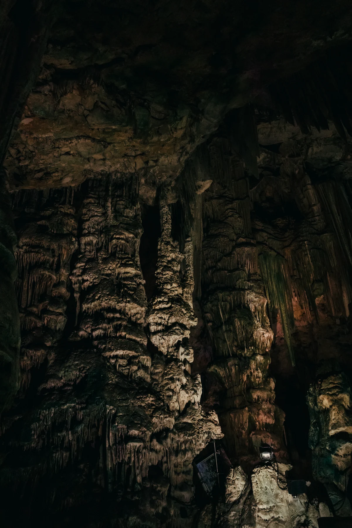Limestone stalactites and columns inside a cave in the Upper Rock of Gibraltar.